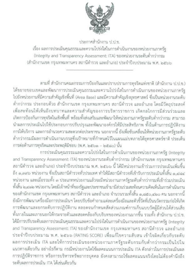ประกาศสำนักงาน ป.ป.ช. เรื่องผลการประเมิน ITA พ.ศ.2566
